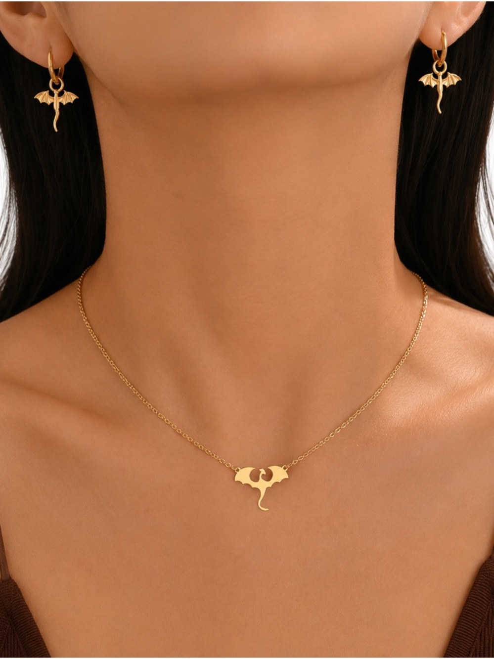Gold Dragon Pendant Necklace and Earrings Set - Fourth Wing Inspired Romantasy